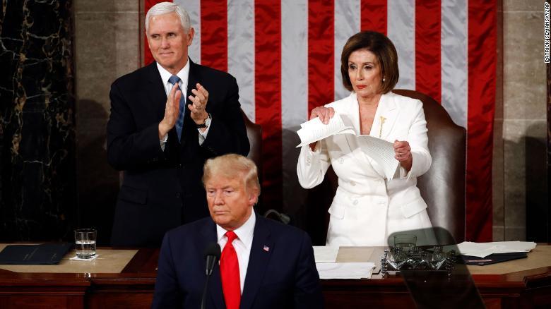 Speaker Nancy Pelosi tears her copy of President Donald Trump&#39;s State of the Union address after he delivered it to a joint session of Congress on February 4, 2020.